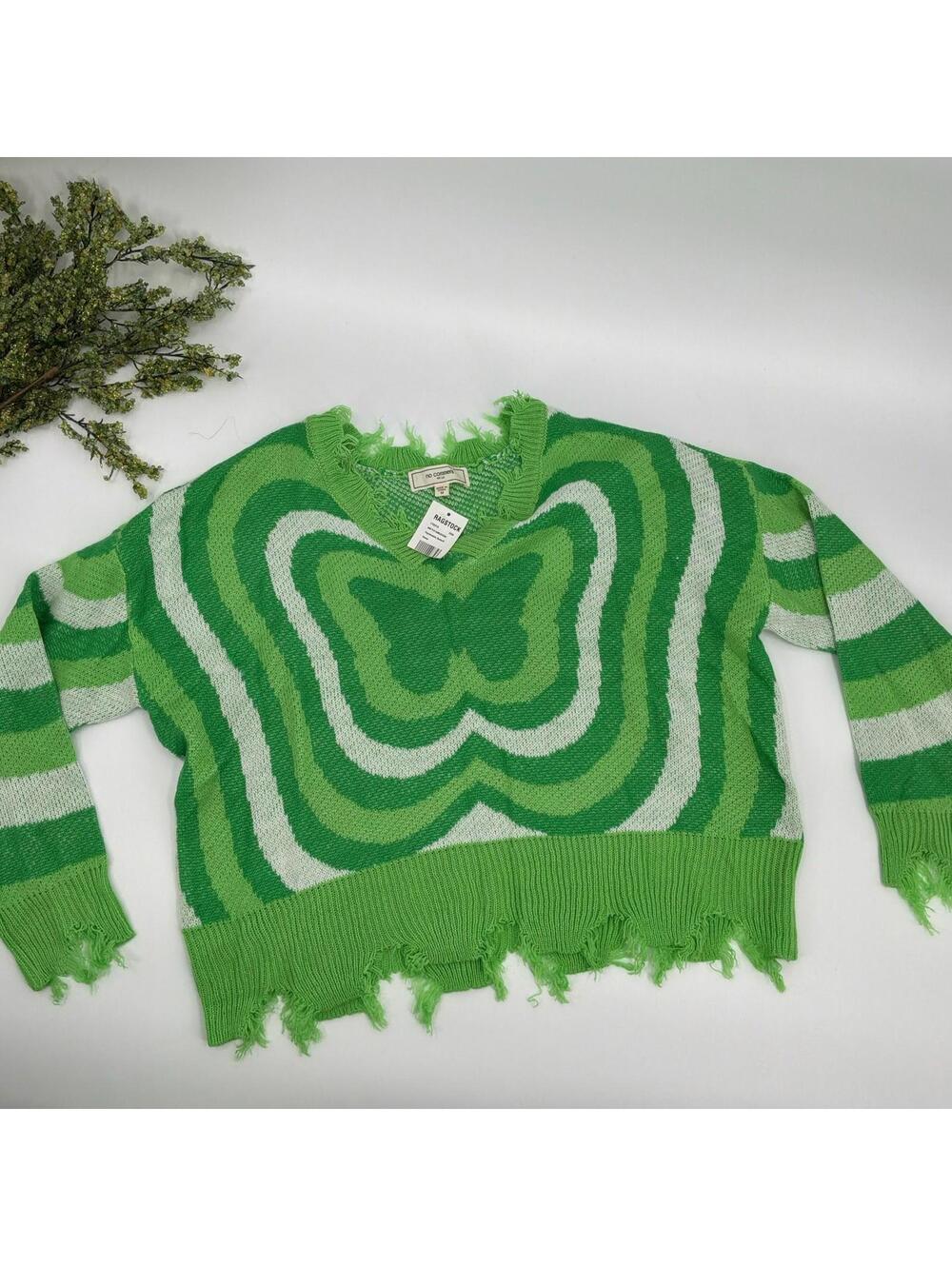 NWT No Comment Green Psychedelic Butterfly Distressed Crop Sweater Size M